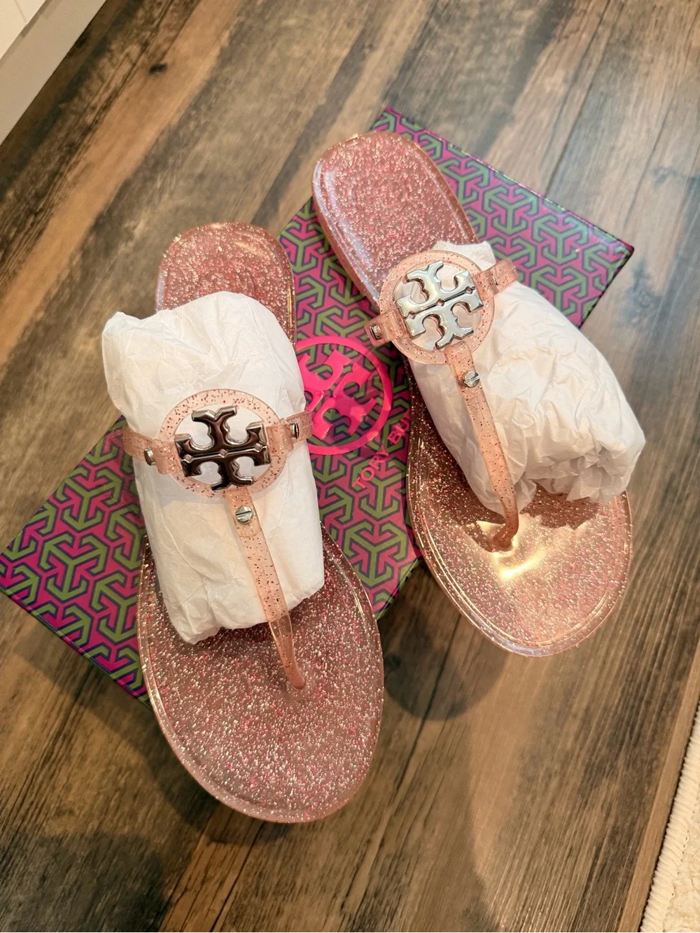 Tory Burch Pink Glitter Jelly Mini Miller Thong Sandals